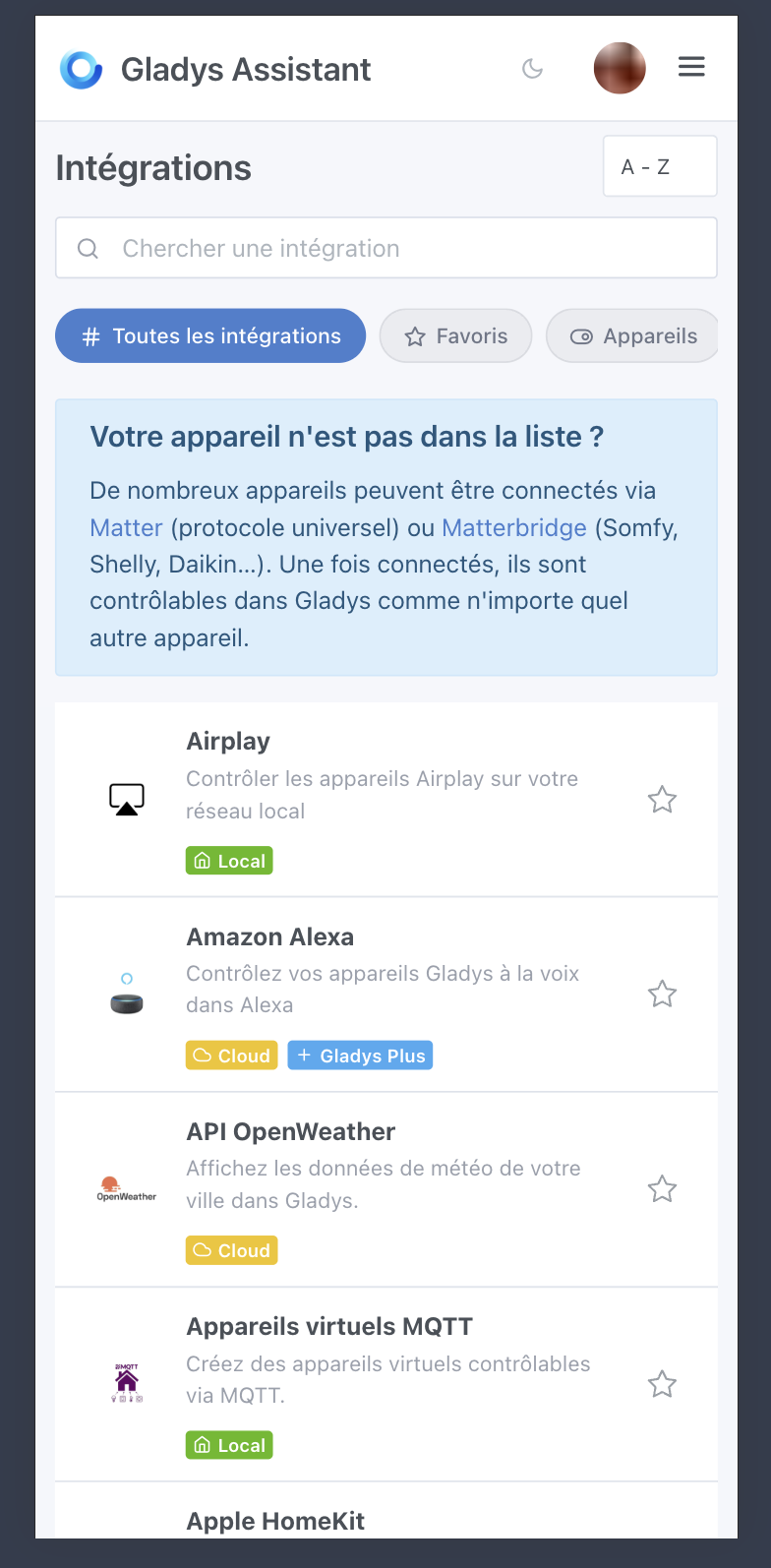Integration list on mobile