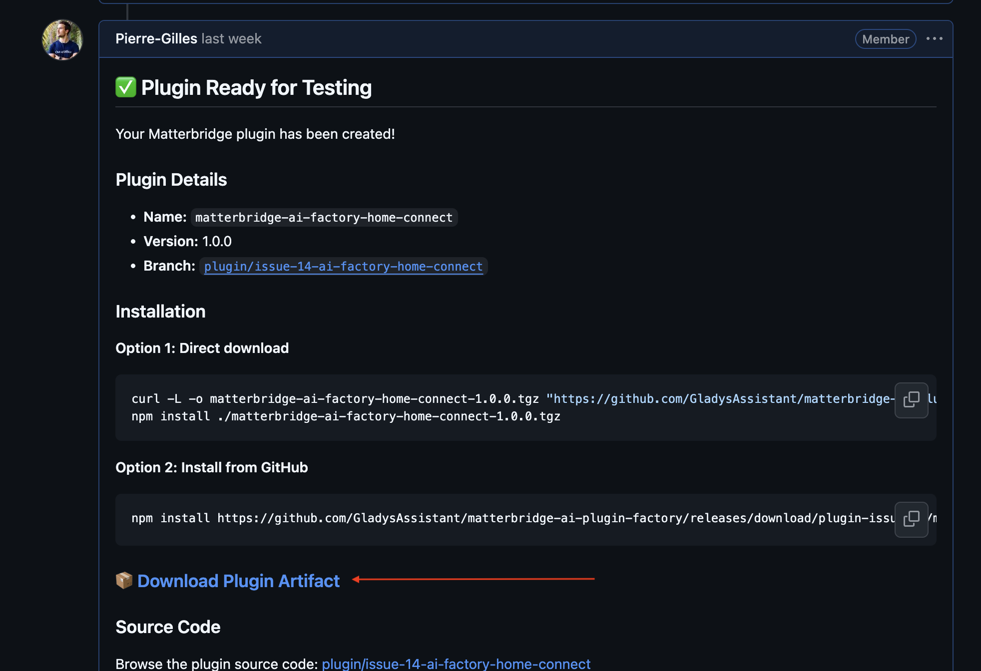 The AI replies with a download link