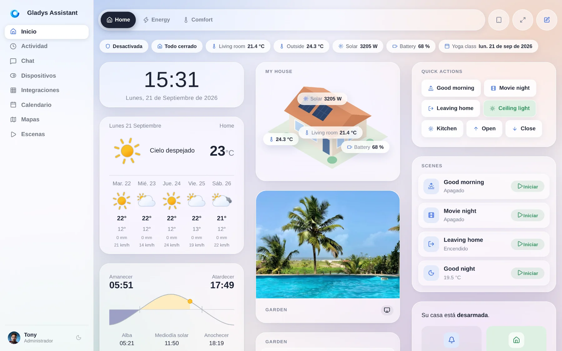 The Gladys interface in Spanish