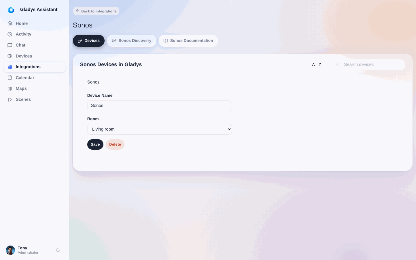 Sonos devices tab