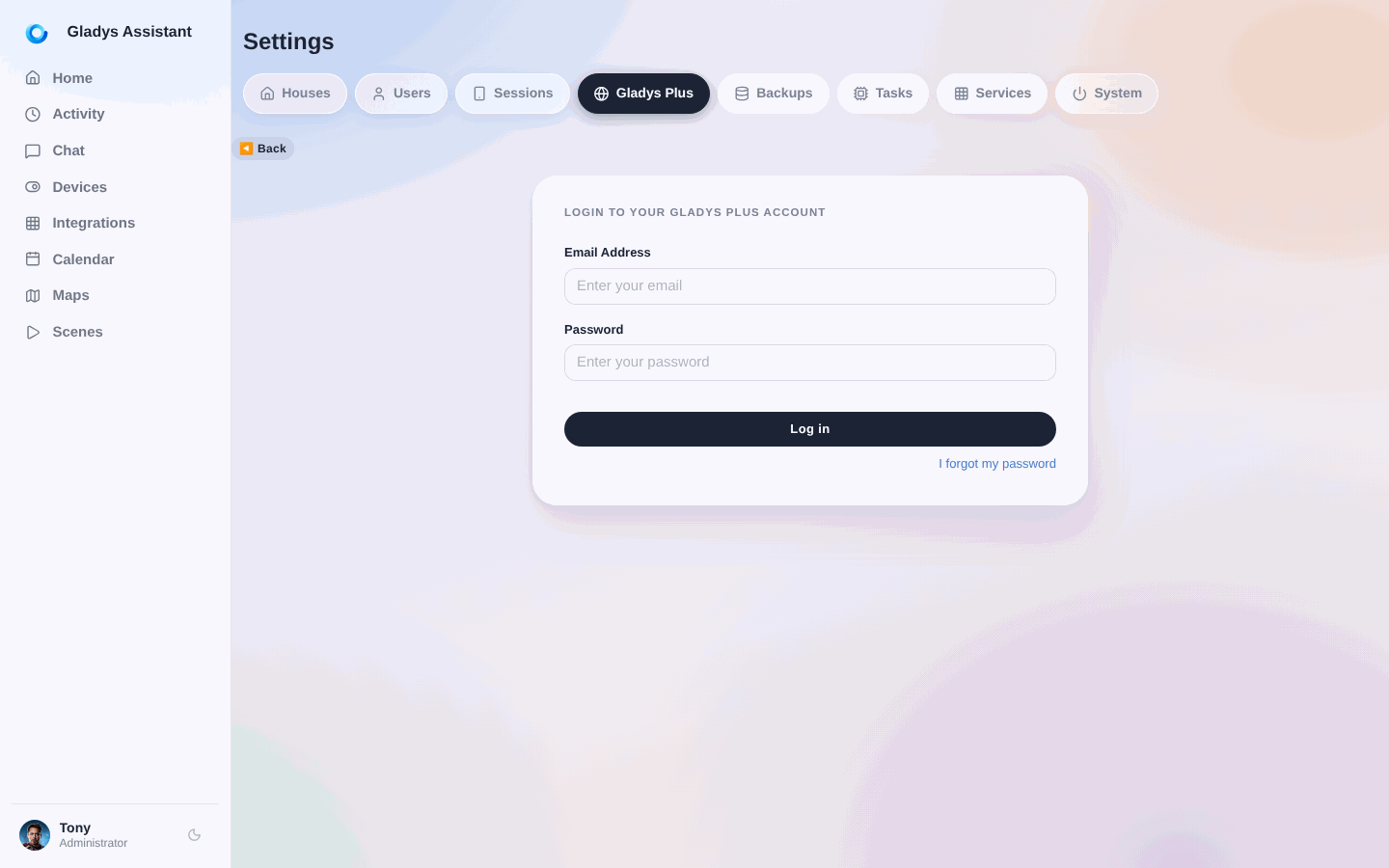 Gladys Plus login form