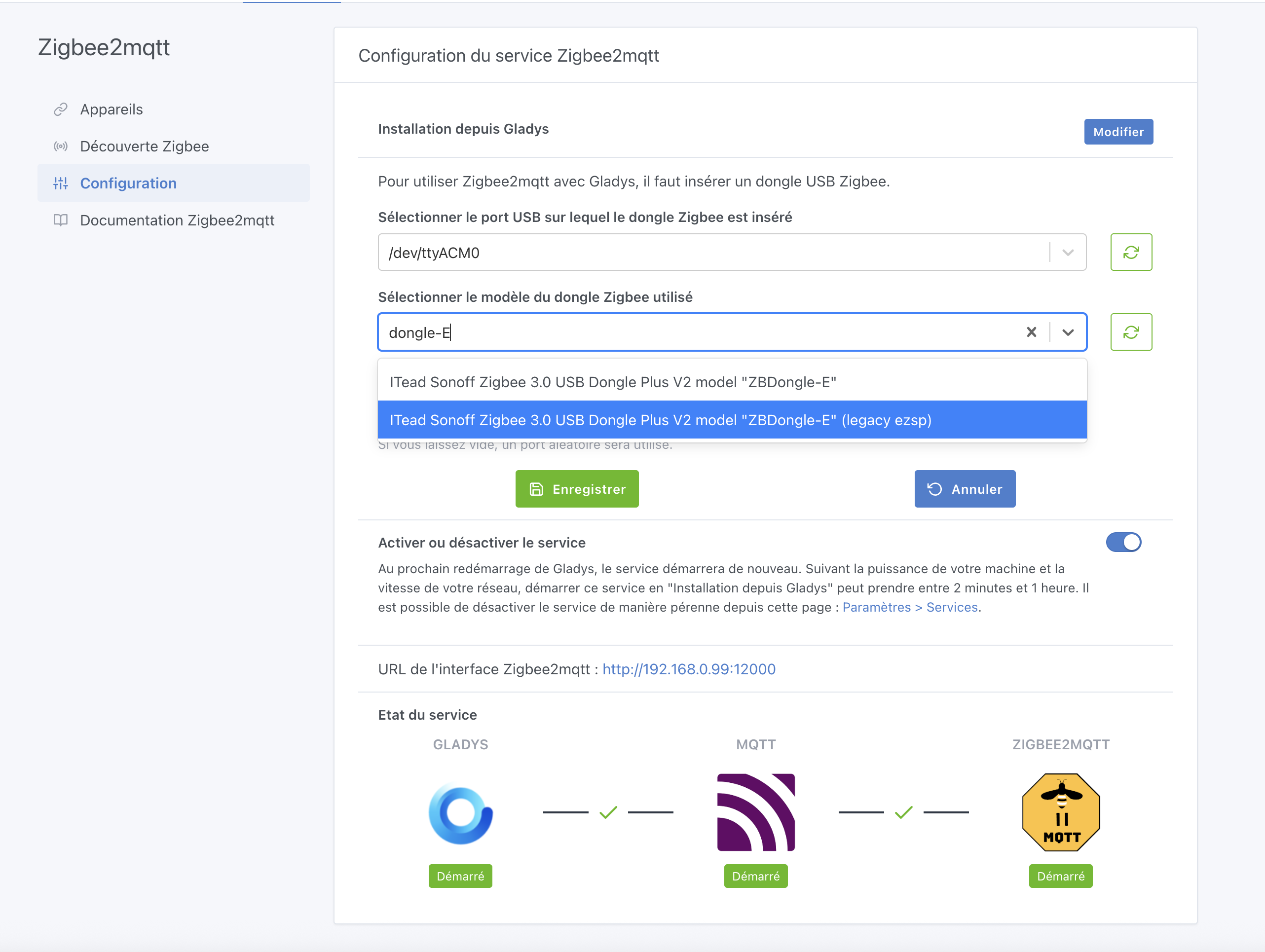 Sélection du driver Zigbee