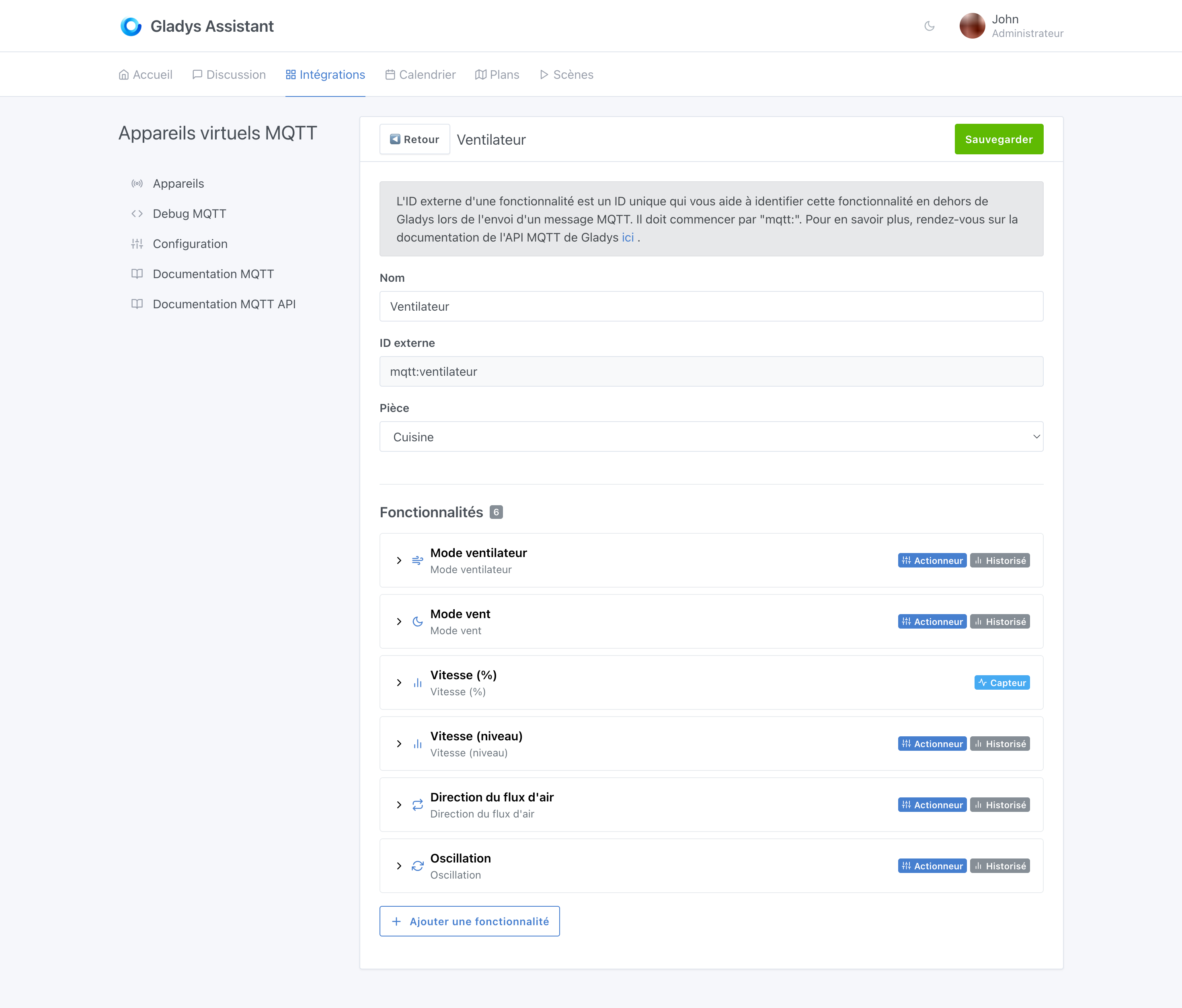 Liste des appareils MQTT de Gladys groupés par pièce