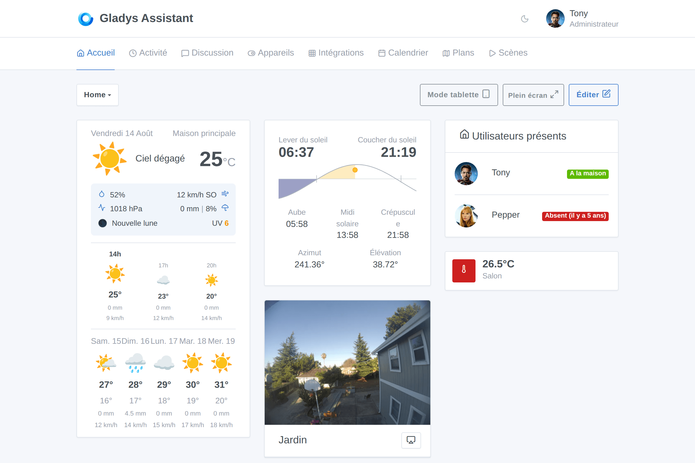 Le widget météo redessiné à côté du nouveau widget soleil sur un tableau de bord
