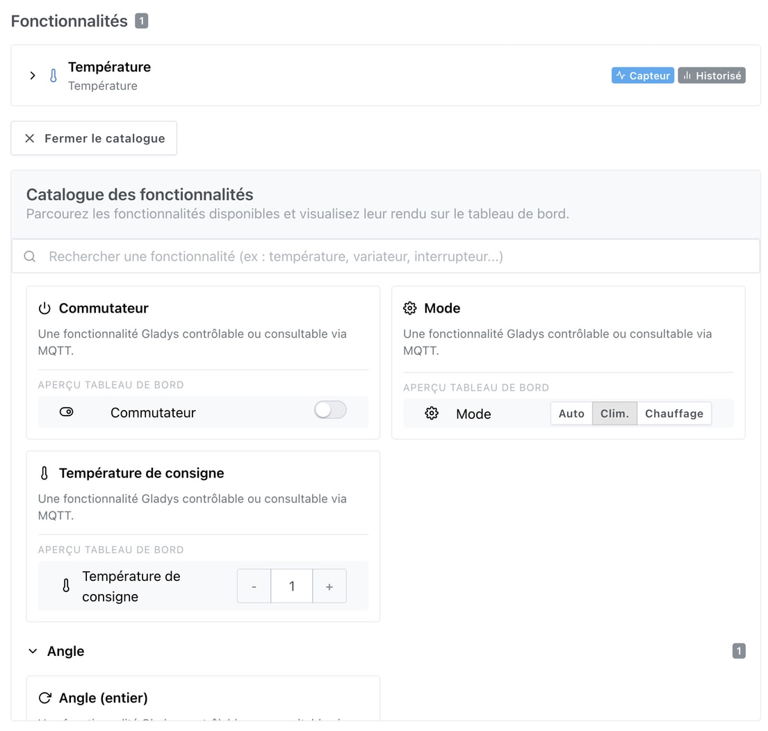 Catalogue de features MQTT de Gladys avec aperçu dashboard