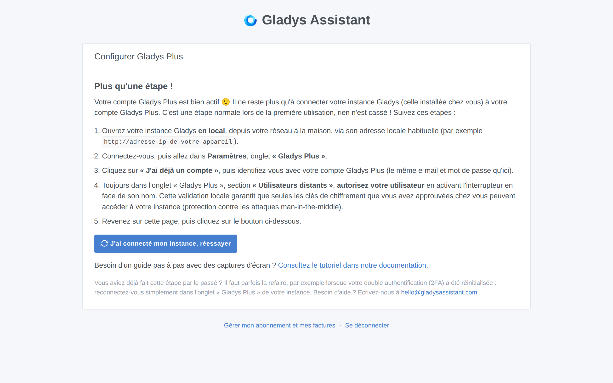 Page « Plus qu'une étape » sur Gladys Plus