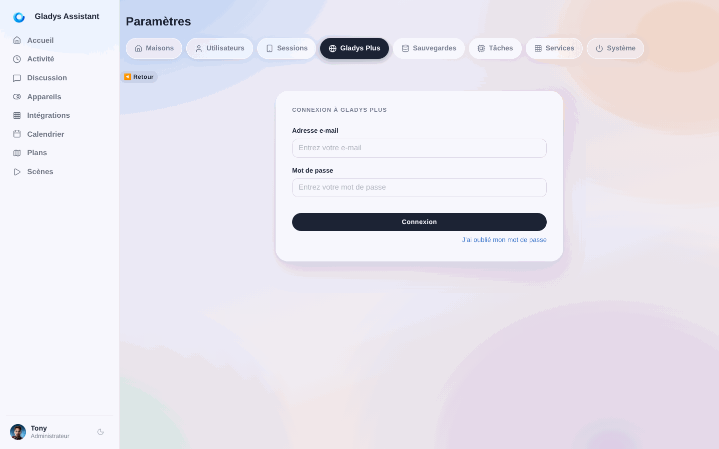 Formulaire de connexion Gladys Plus
