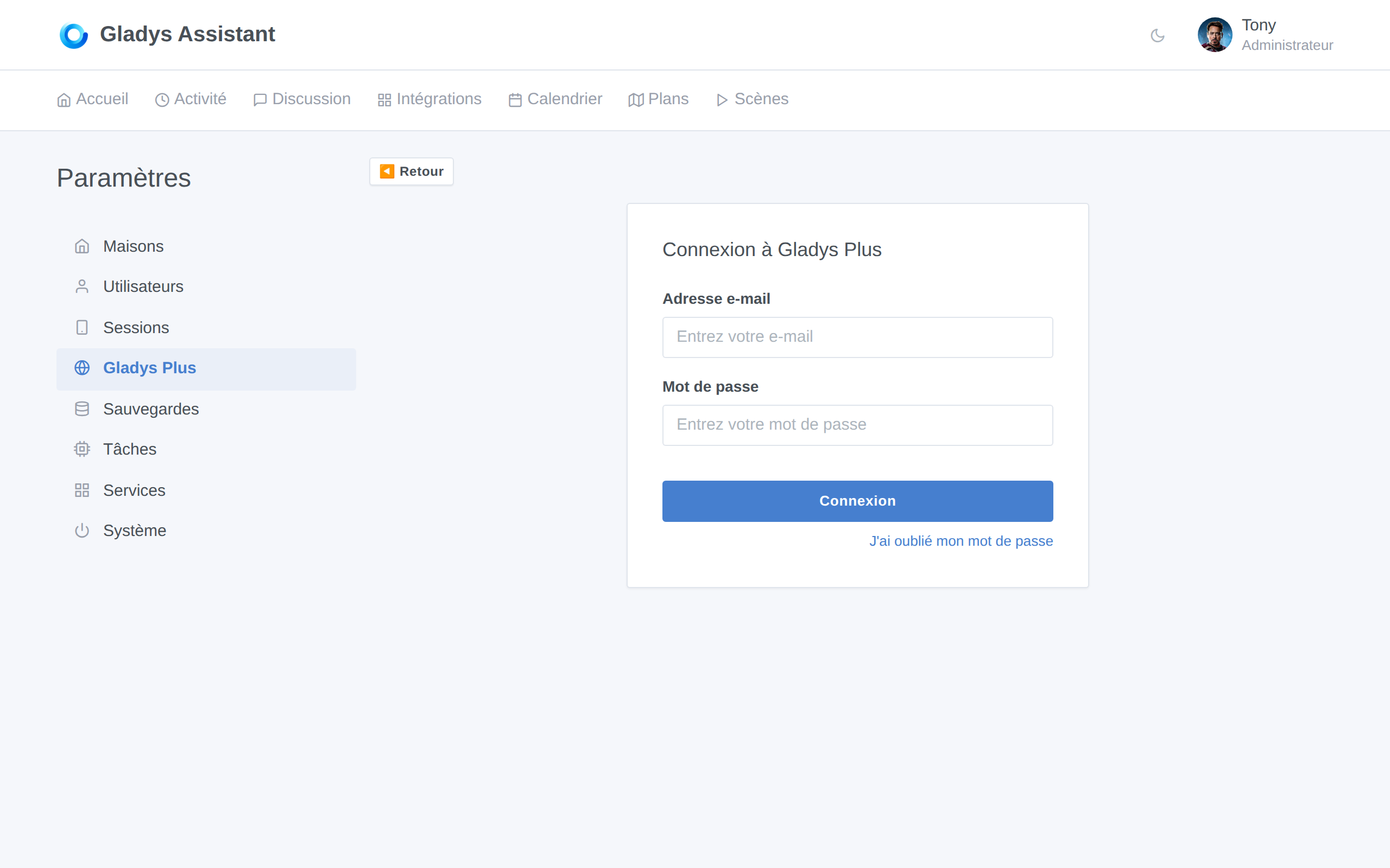Formulaire de connexion Gladys Plus