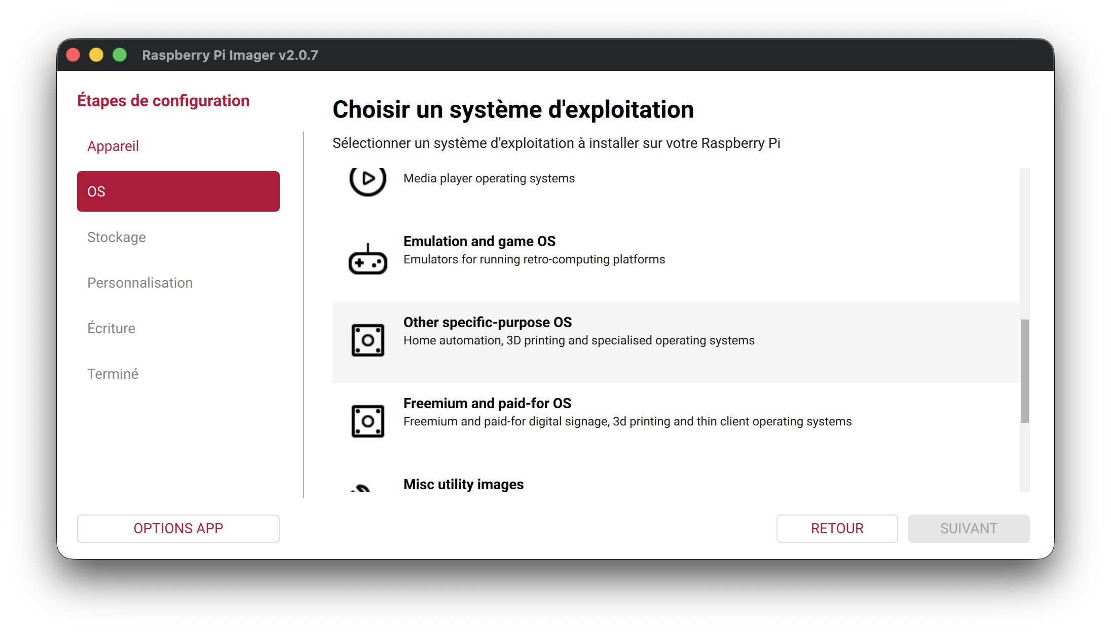 Choisir la catégorie "Other specific-purpose OS"