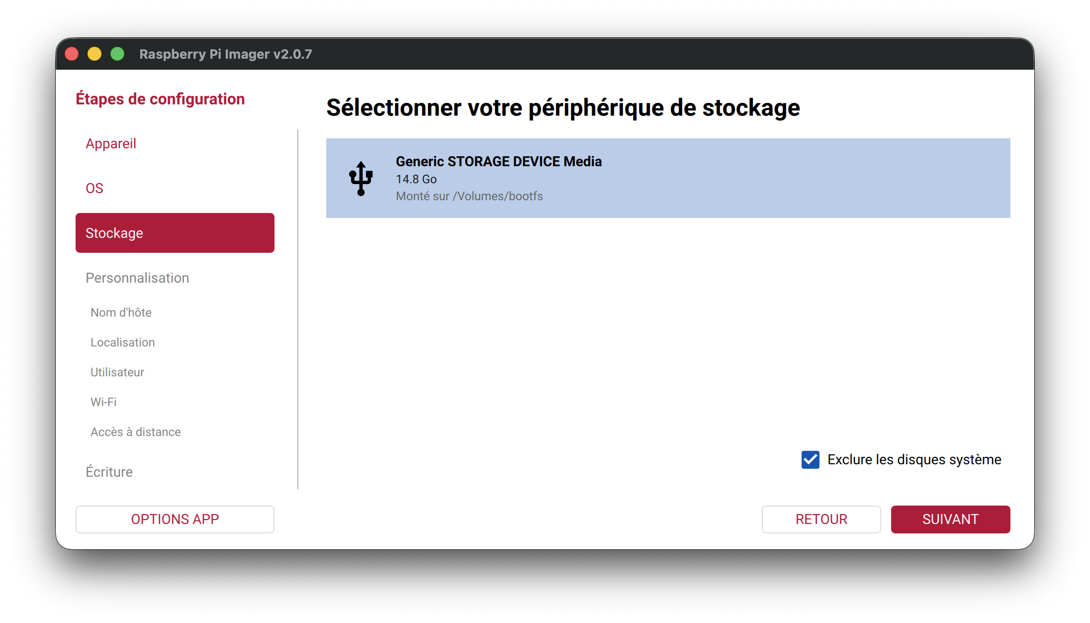 Sélectionner le support de stockage